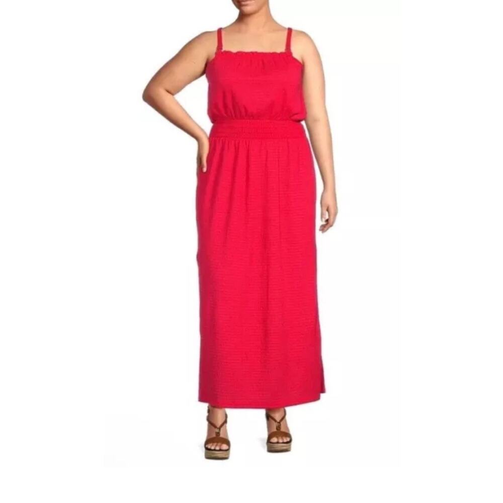 Michael Kors Geranium Orange Red Smocked Square Neck Maxi Dress Size L NWT